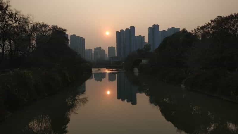 Chengdu city skyline at dusk.