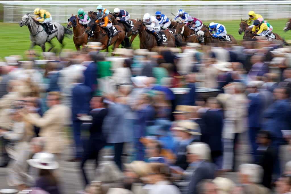 Horses thunder past a packed Goodwood terrace.