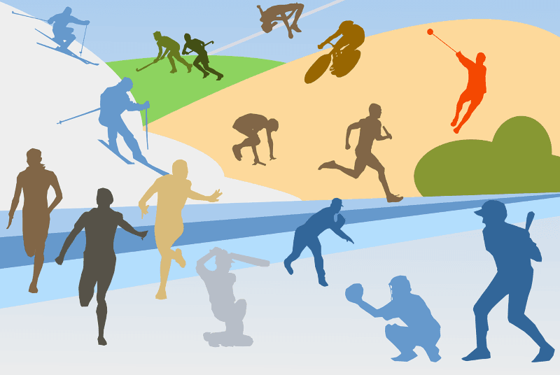 A collection of various silhouetted figures playing different sports and engaging in multiple athletic activities, ranging from skiing to golf, from running to baseball.