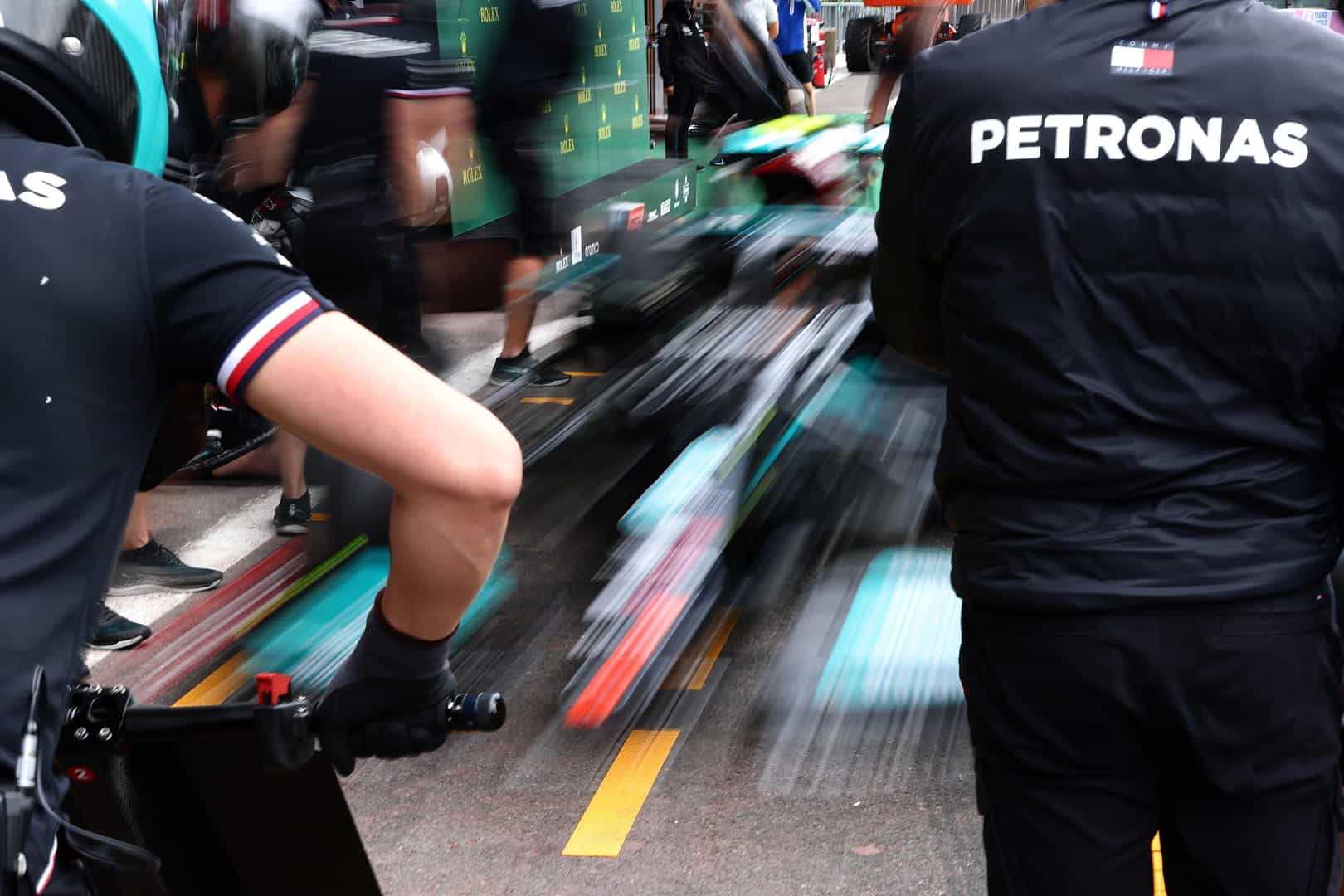 A Mercedes F1 car taking a quick pitstop at the 2021 Belgian Grand Prix.