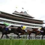 Horses thunder past a packed Newbury Grandstand. 