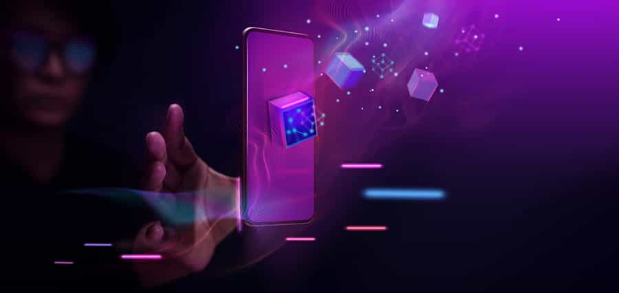 A smartphone with holographic cubes floating out of it.