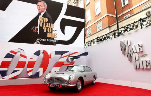 James Bond’s Aston Martin car at the World Premiere of ‘No Time To Die’ at the Royal Albert Hall, 2021.