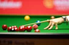 A detailed view of a cue and snooker balls.