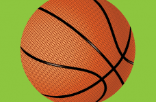 A classic orange basketball superimposed on a plain green background.
