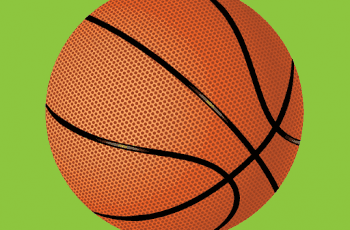 A classic orange basketball superimposed on a plain green background.