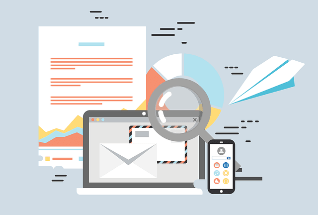 A graphic of a laptop, smartphone, sheet of paper, magnifying glass, pie chart and paper airplane slightly layered over one another.