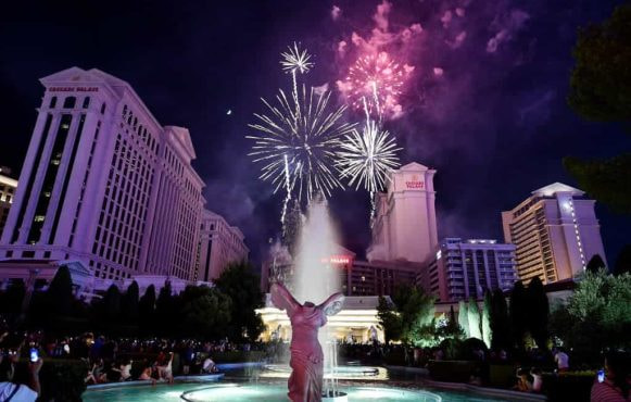 Fireworks light up the Las Vegas Strip during the 2022 Fourth of July celebrations at Caesars Palace.