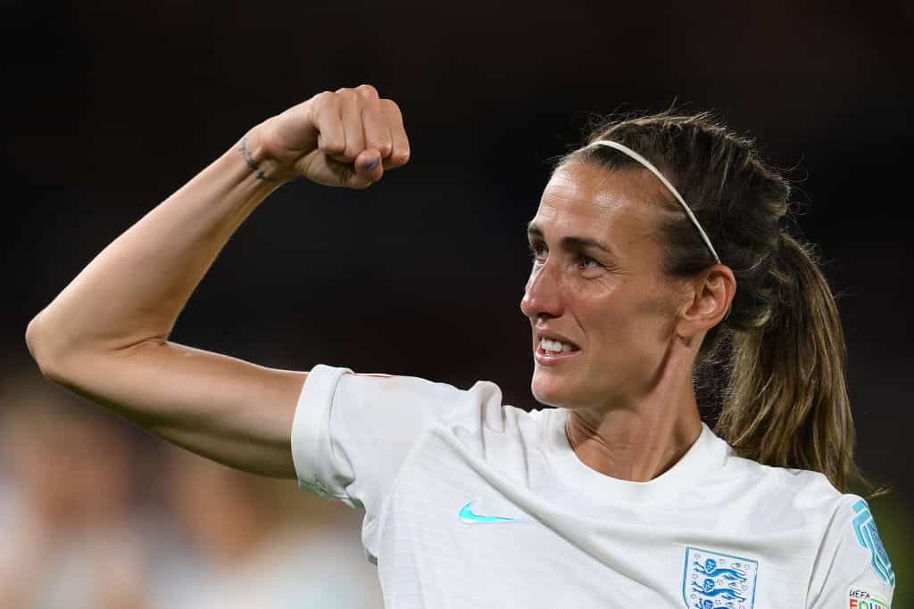 Jill Scott dari Inggris merayakan setelah pertandingan Semi Final UEFA Women's Euro 2022 antara Inggris dan Swedia.