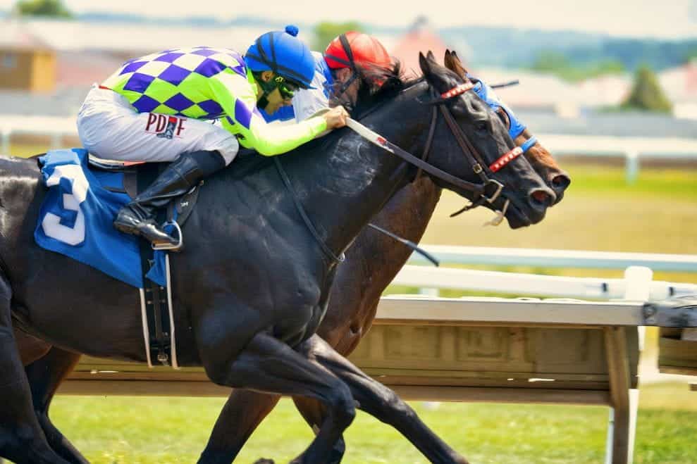 A jockey racing a horse around a track.