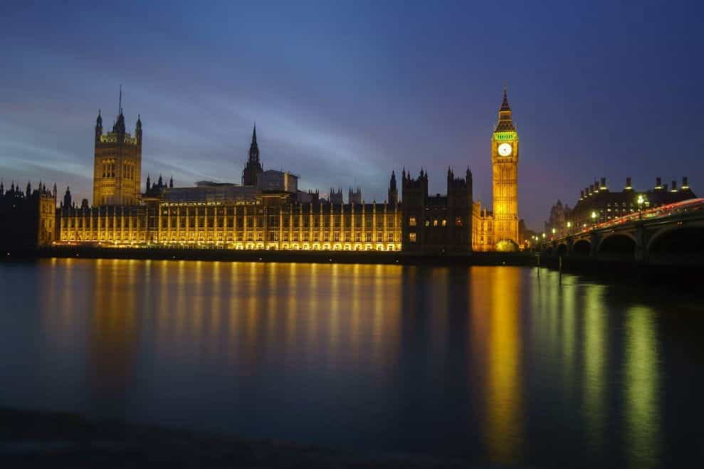 The Houses of Parliament in Westminster, London.