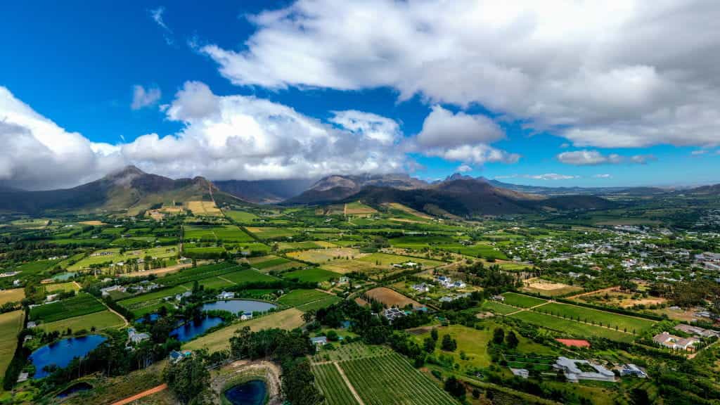 An aerial view of the vineyards and farms of the Franschhoek Valley in South Africa's Western Cape.