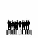 The black silhouettes of a group of people standing on top of a barcode on a plain white background.