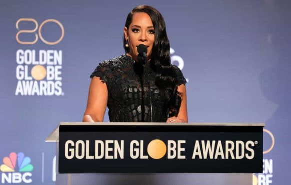 Selenis Leyva speaking during the 80th Annual Golden Globe Awards Nominations at The Beverly Hilton, 2022.