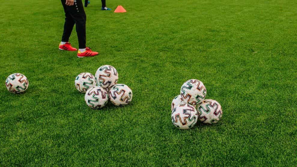 Footballs on a grass pitch.
