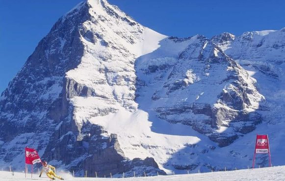 A lone skier racing down Wengen’s Lauberhorn course.