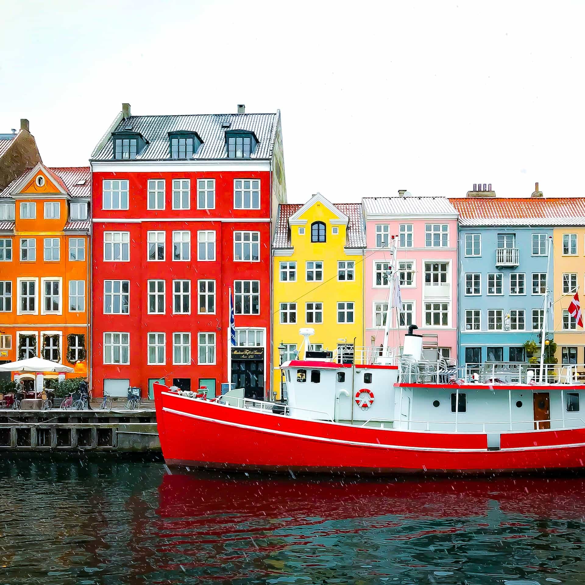 Tepi laut Kopenhagen dengan bangunan penuh warna.