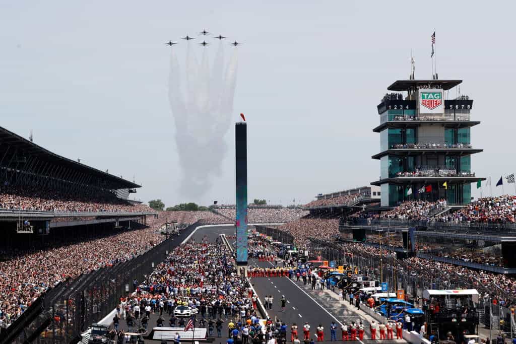 A flyover is seen prior to the 106th running of the Indianapolis 500 at the Indianapolis Motor Speedway in 2022.