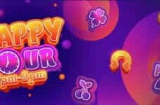 Happy Hour promotion banner from Platin casino, with cherries, clovers and horseshoes.