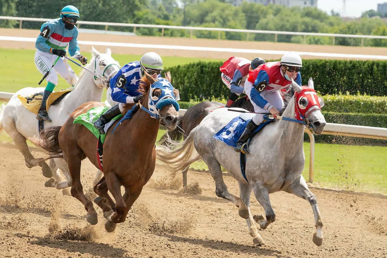 Jockeys race horses around a track.