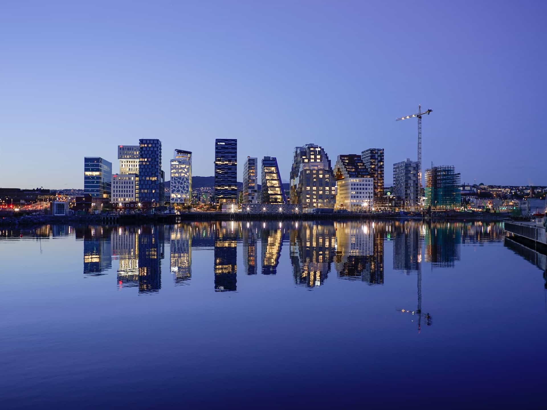 The Oslo skyline at night.