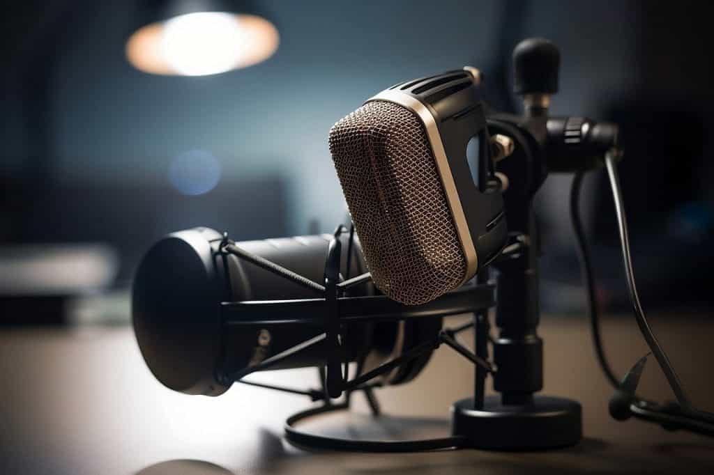 Dua mikrofon kelas atas yang dirancang khusus untuk merekam vokal pembicaraan untuk podcast yang diletakkan di atas meja di studio. 