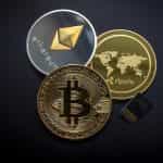 Bitcoin, Ripple and Ethereum cryptocurrency coins.