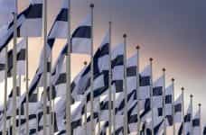 Multiple Finnish flags fluttering.