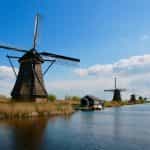 Windmills in the Dutch countryside.