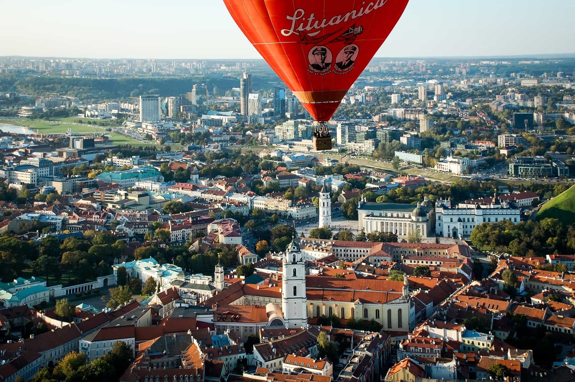 A hot air balloon over Vilnius Old Town, Lithuania.