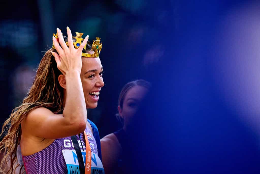 Katarina Johnson-Thompson celebrates after winning gold in the Women's 800m Heptathlon during day two of the 2023 World Athletics Championships.