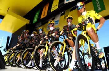 Team Jumbo Visma riders line up ahead of stage-4 of the 2022 Tour de France.
