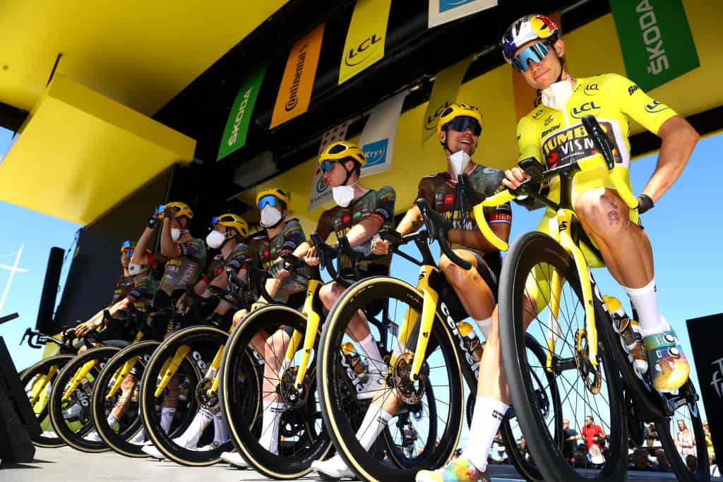 Team Jumbo Visma riders line up ahead of stage-4 of the 2022 Tour de France.
