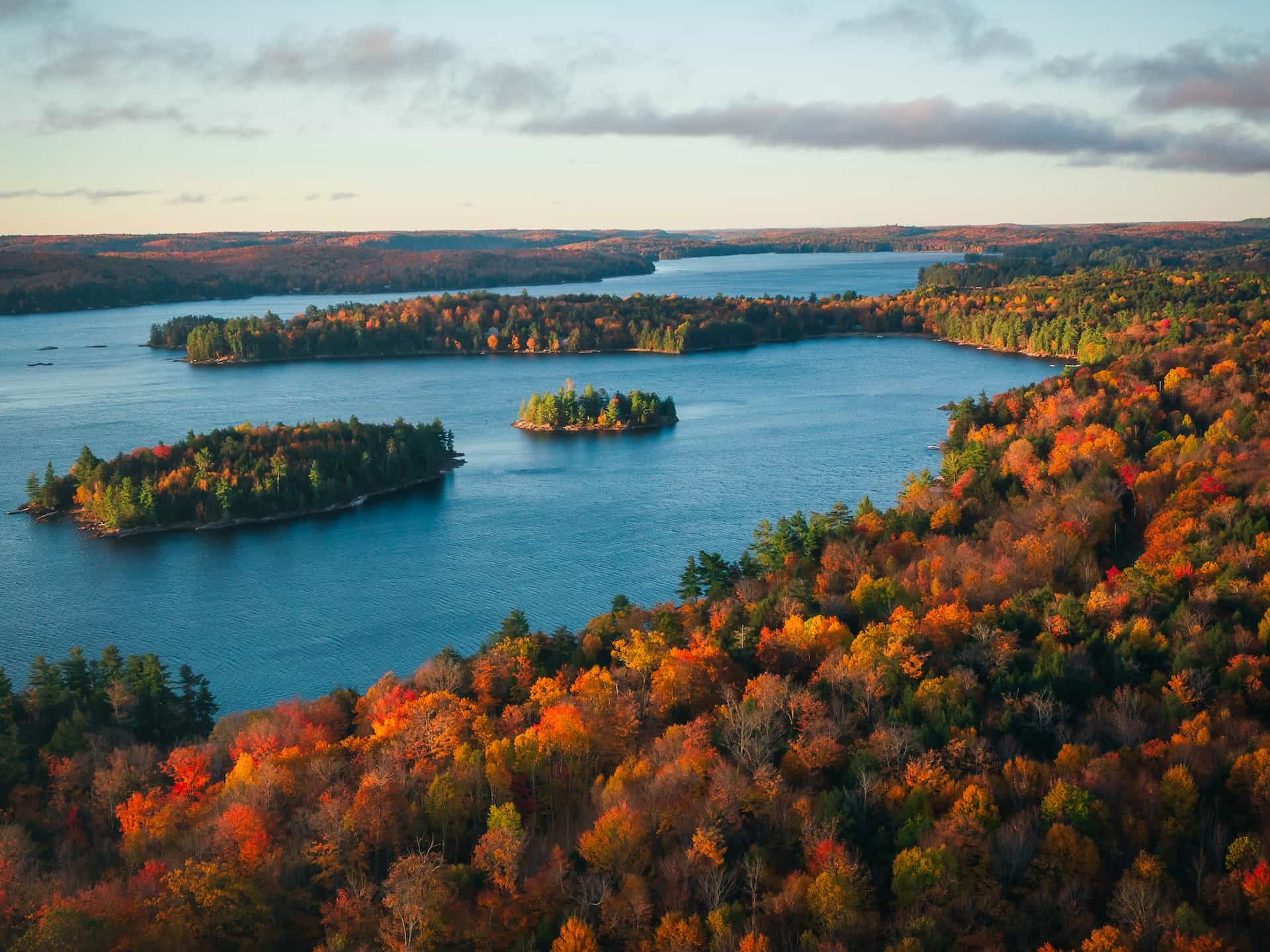 An aerial view of a peninsula and two small islands on a lake in rural Ontario, Canada, with rolling waves of fall-colored trees covering the landscape.