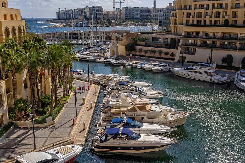 Yachts moored in Portomaso Harbor in Malta.