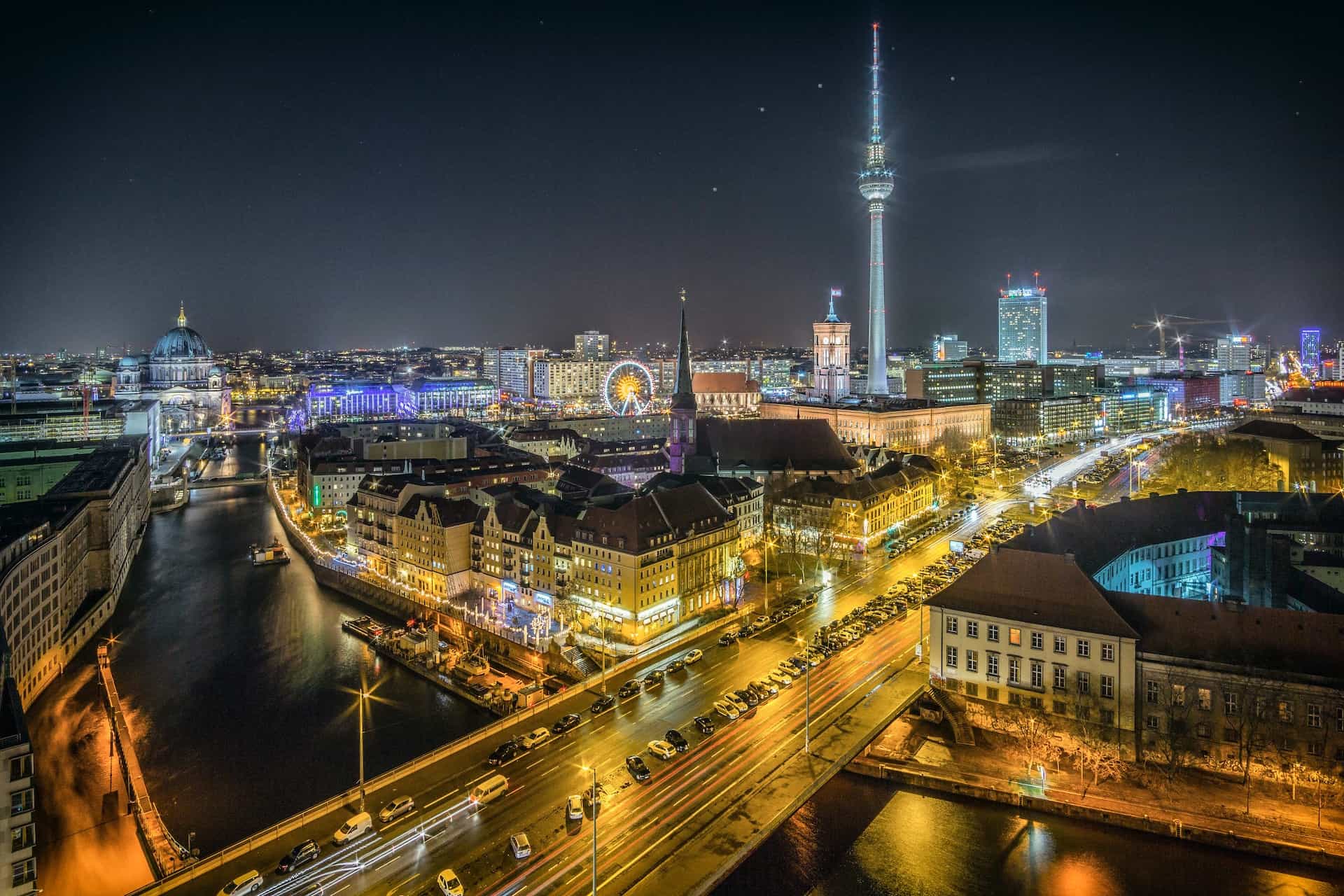 The city of Berlin gleaming at night.