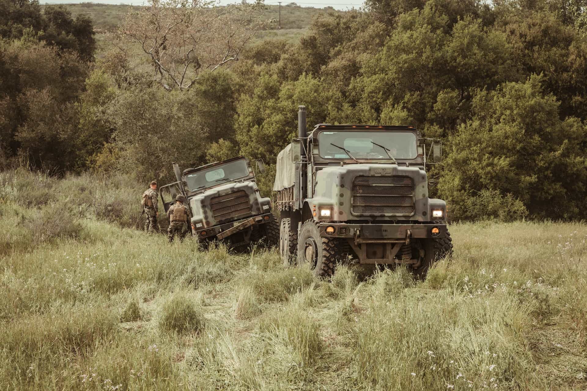 A convoy of military vehicles drives through a green area.