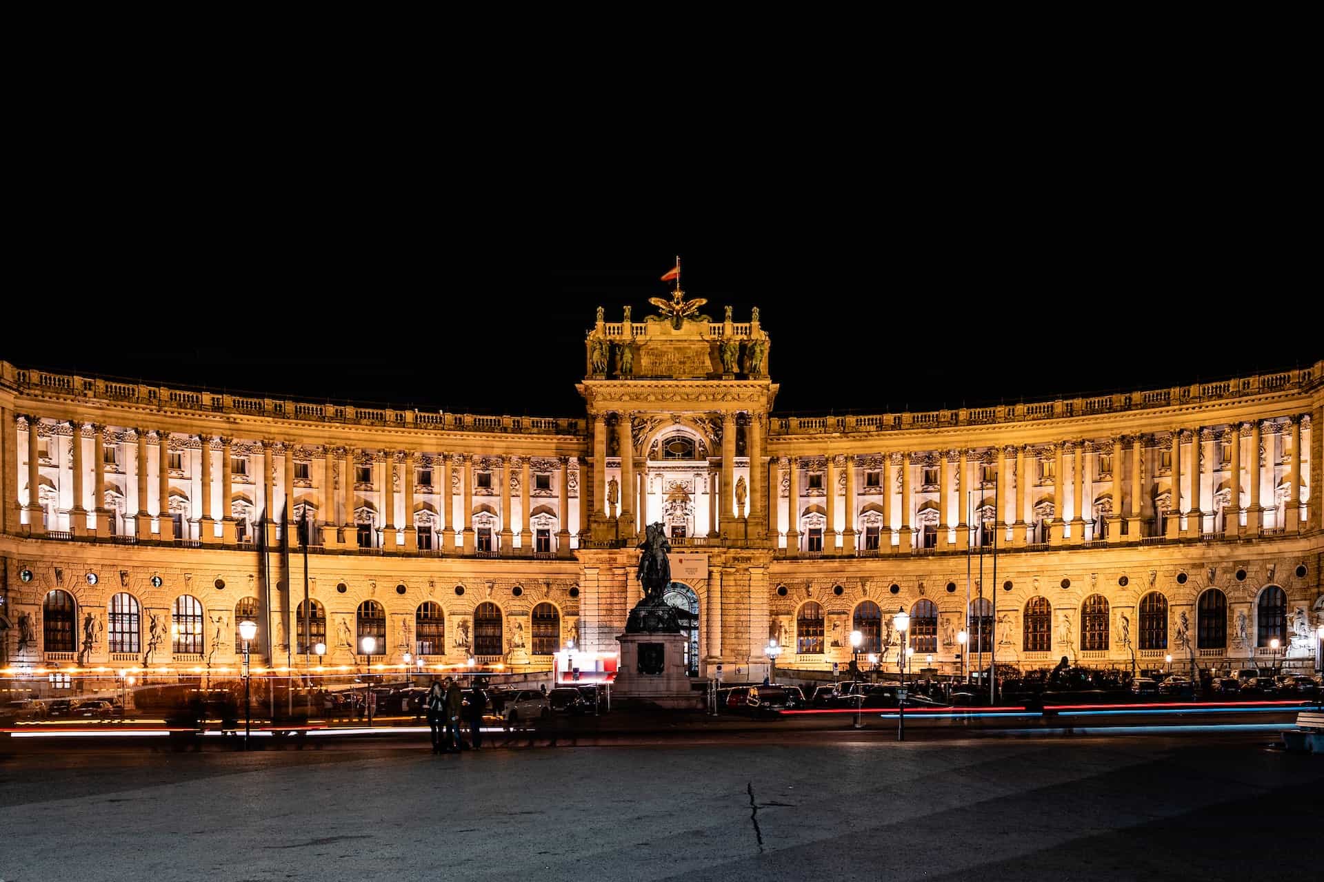 A large building lit up at night.
