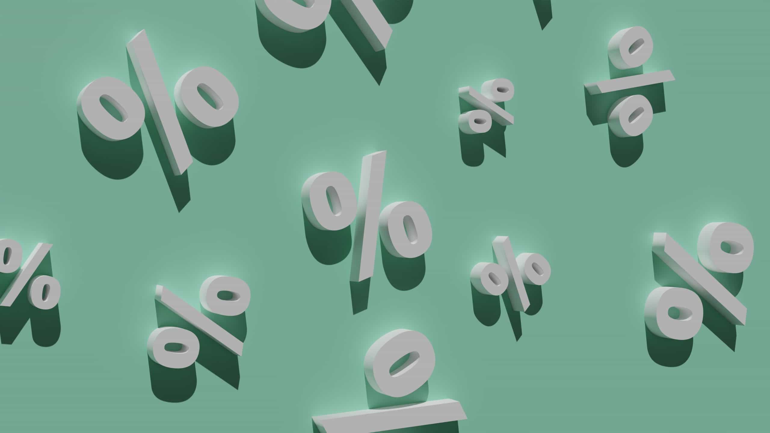 The percent (%) sign in 3D across a mint-green background.