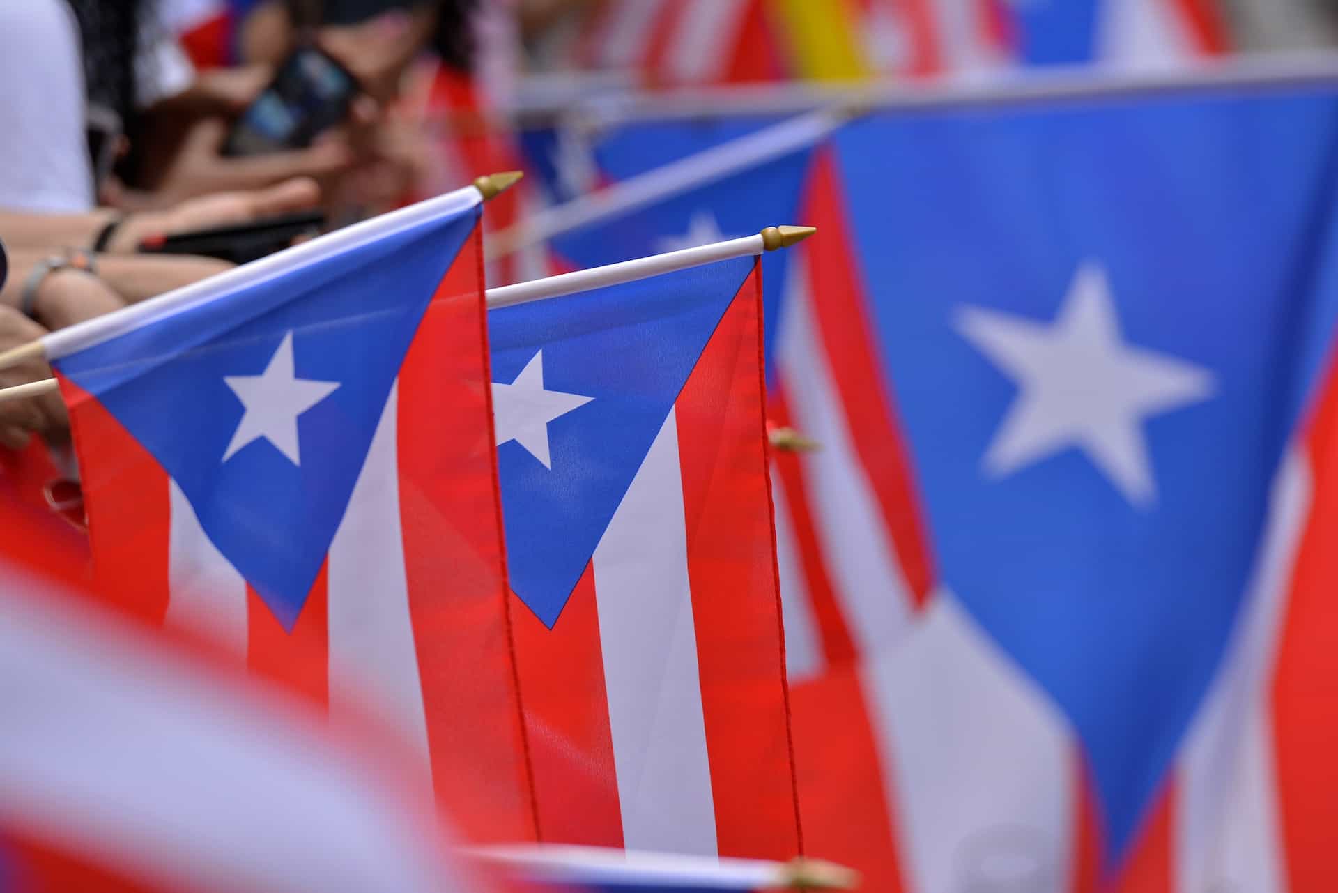 Many Puerto Rican flags hang on sticks.