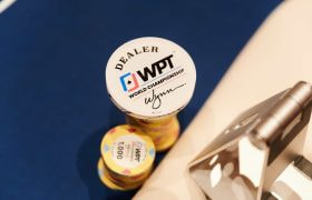 WPT branded poker chips and a dealer button.