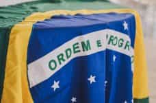 The Brazilian flag draped over a table.