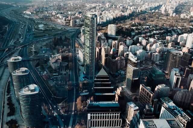 An aerial shot of skyscrapers in Santiago, Chile.