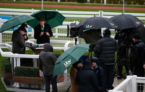 The ITV production team is at work during the Cheltenham Festival.