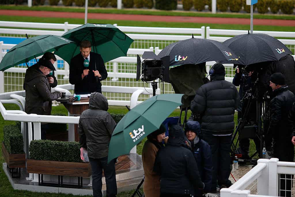 The ITV production team is at work during the Cheltenham Festival.