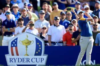 Matthew Fitzpatrick plays his tee shot on the 14th hole in his match against Max Homa during the 2023 Ryder Cup.