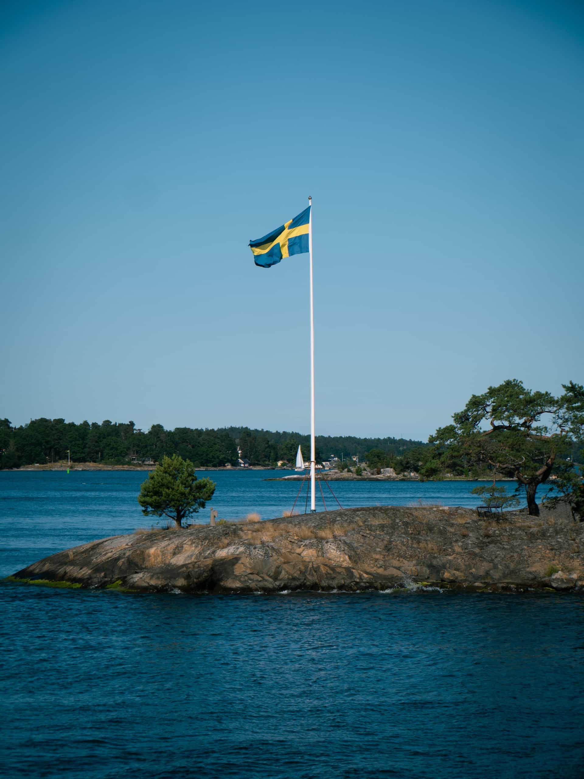 A flag on a rock in the middle of a water body.