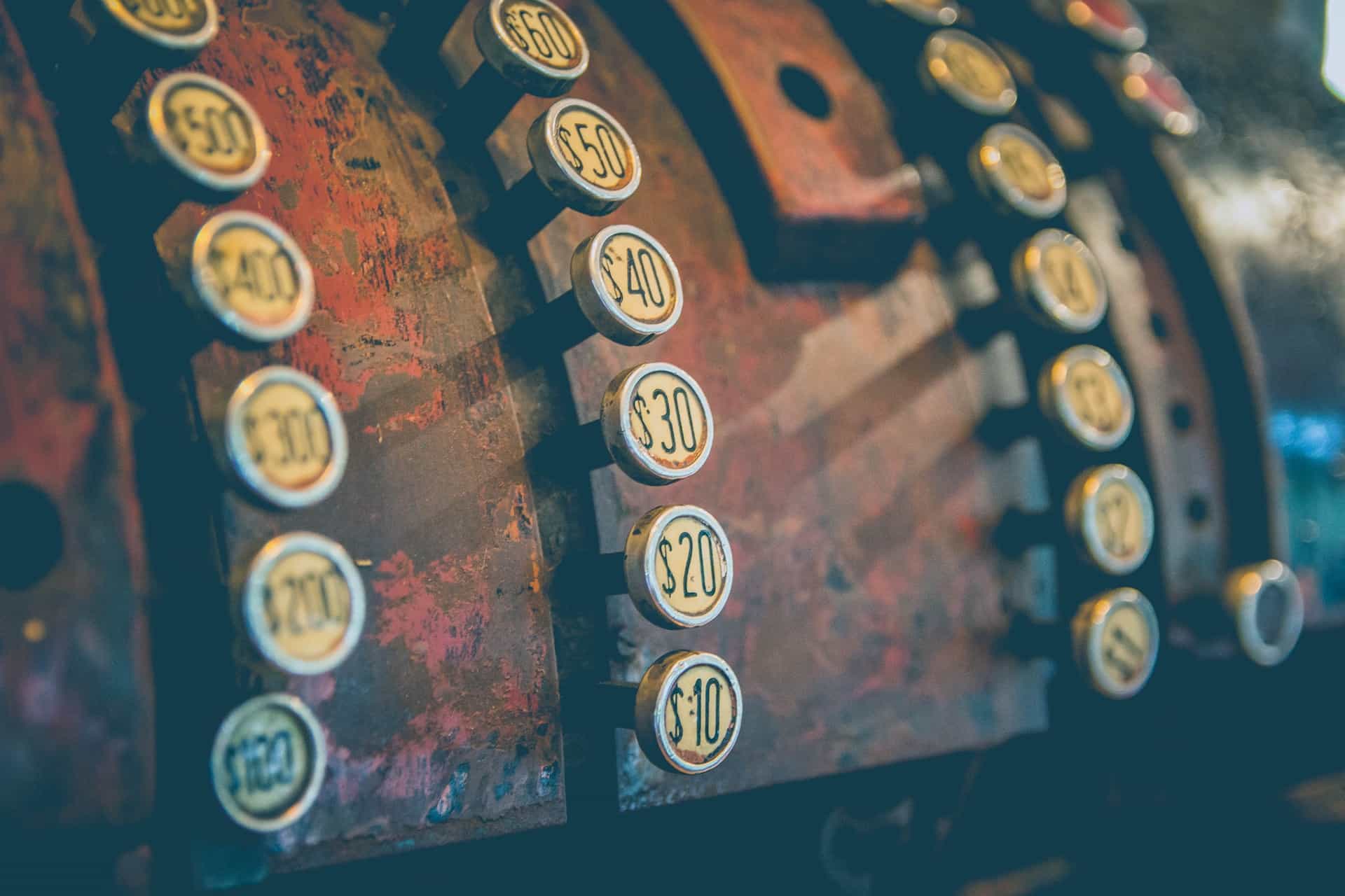 Number buttons on a vintage slot machine.