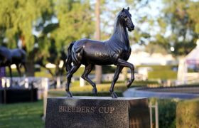 Breeders' Cup statue displayed at the 2023 Breeders' Cup at Santa Anita Park.