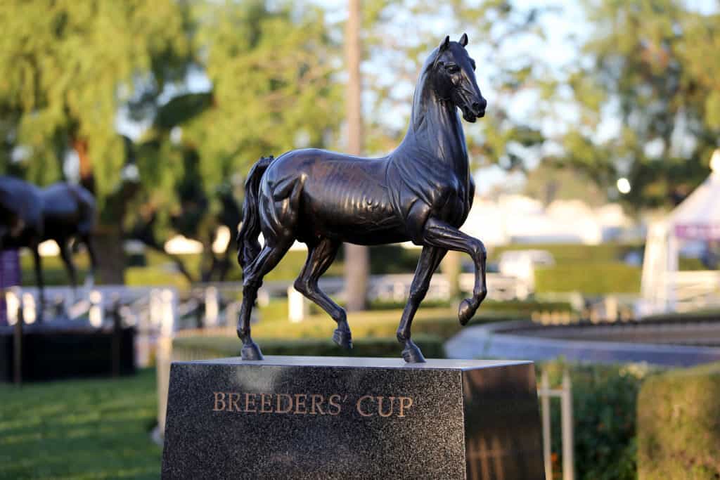 Breeders' Cup statue displayed at the 2023 Breeders' Cup at Santa Anita Park.